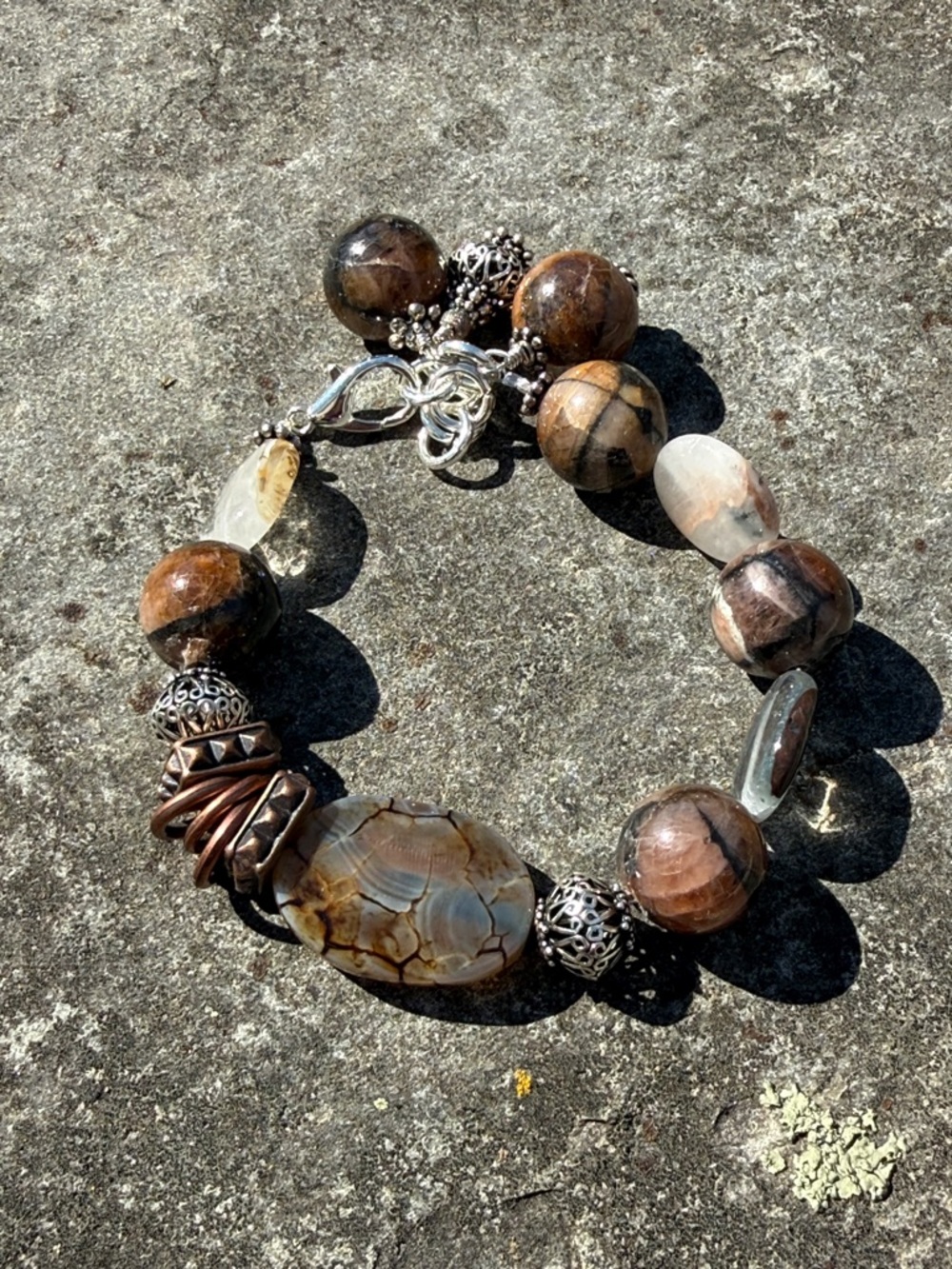 Handcrafted Brown Agate and Silver-Tone Bead Bracelet